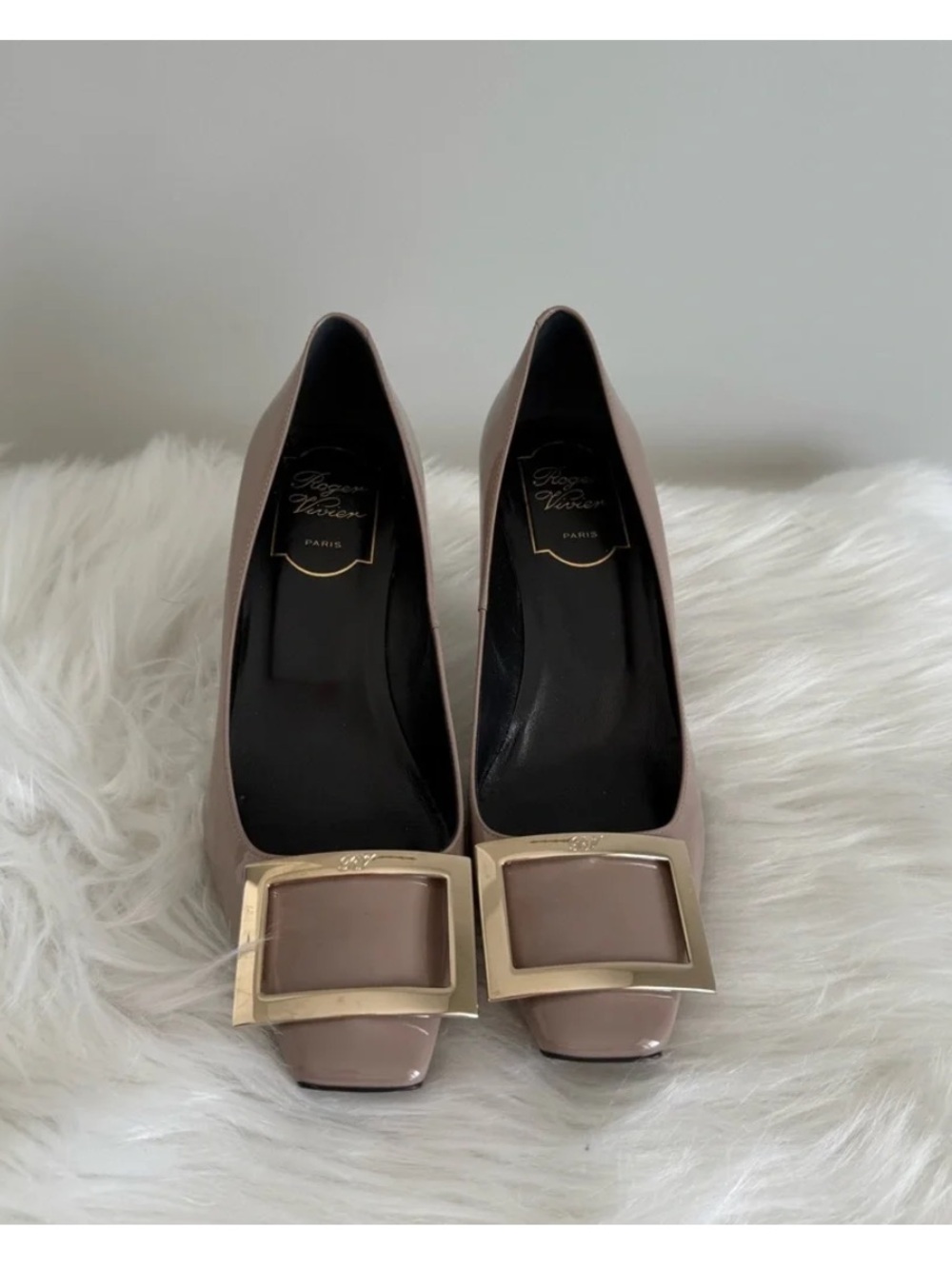 Roger Vivier Taupe Patent Leather Square Buckle Pumps